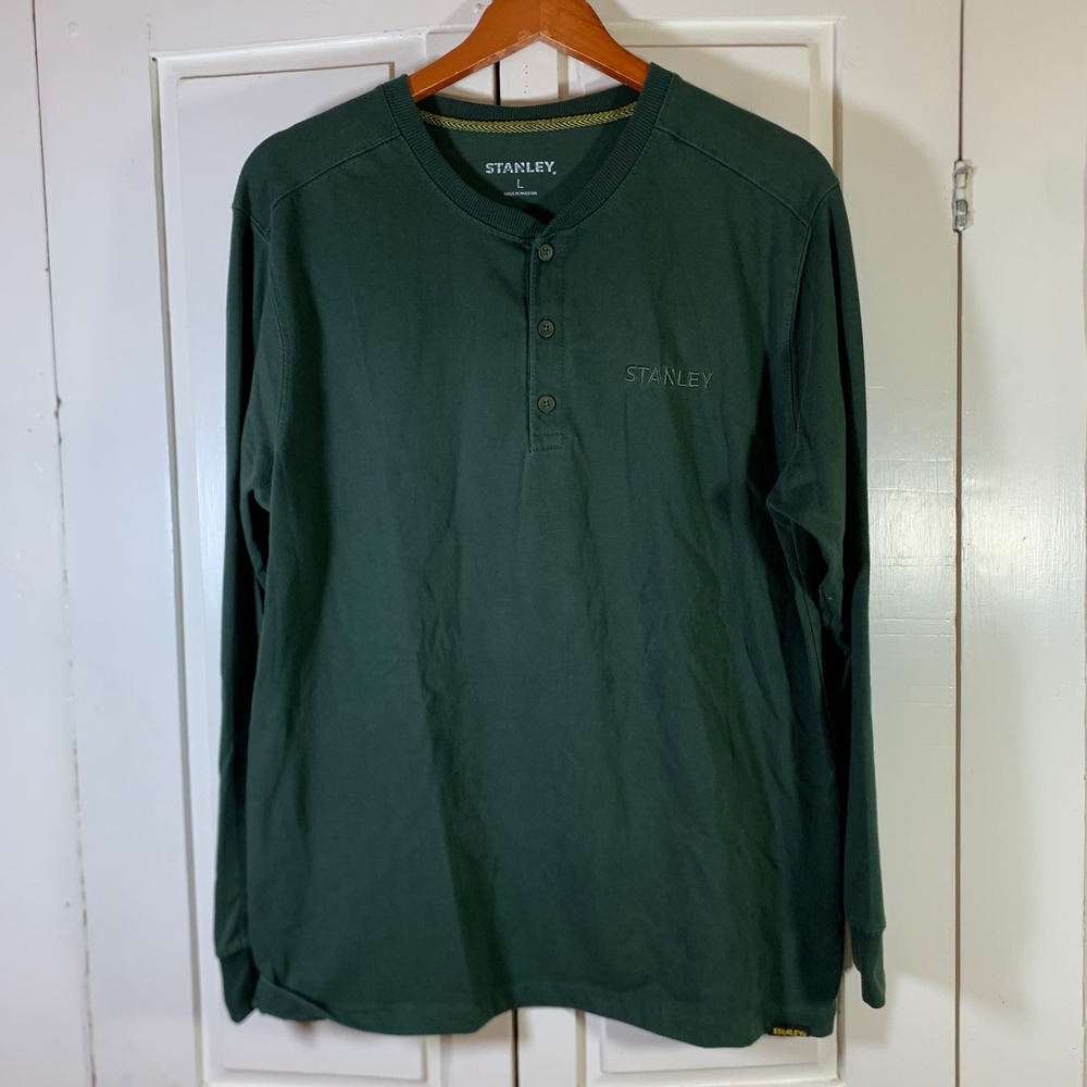 Stanley Mens Long Sleeve Henley Shirt Green Embroidered Logo Size Large Workwear